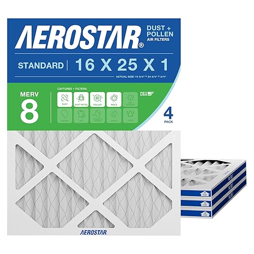 Aerostar 16x25x1 MERV 8 Air Filter, 4 Count, ACTUAL SIZE (15.75 x 24.75 x 0.75), HVAC, Air Conditioning & Furnace Filter Captures Dust, Lint & Pollen (MPR 600 / FPR 5), Made in USA