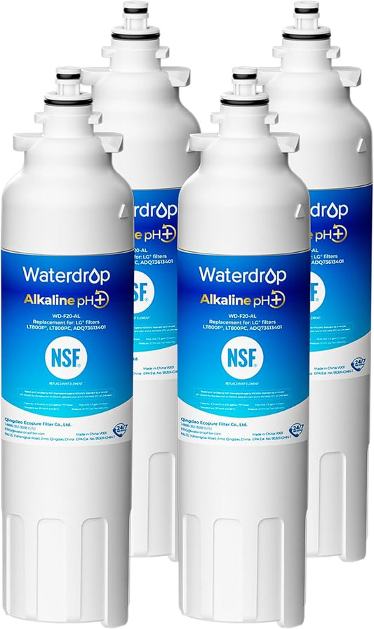 Waterdrop 𝐀𝐥𝐤𝐚𝐥𝐢𝐧𝐞 ADQ73613401 Water Filter, 𝐄𝐧𝐡𝐚𝐧𝐜𝐞𝐬 𝐩𝐇, Replacement for LG® LT800P®, ADQ73613402, ADQ75795104, LSXS26326S, LMXC23746S, LSXS26366S, LSXS26386D, 4 Filters