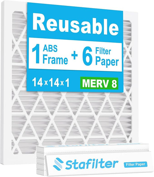 Reusable 14x14x1 Air Filter (MERV 8), 1 Foldable Frame + 6 Refills (Not Individual Filters), Greener HVAC AC Furnace Air Filters MPR 700&FPR 5(Actual Size:13.75"x13.75"x0.75")