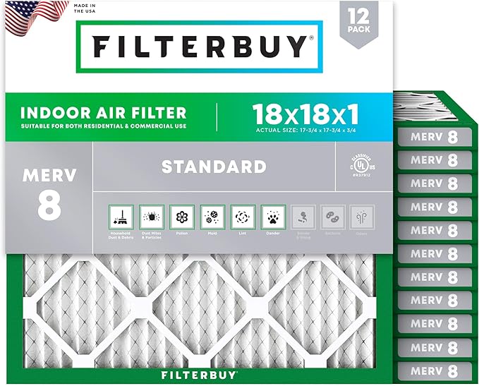 Filterbuy 18x18x1 Air Filter MERV 8 Essential Dust & Allergy Defense (12-Pack), Electrostatic Pleated HVAC AC Furnace Filters Replacement (Actual Size: 17.75 x 17.75 x 0.75)