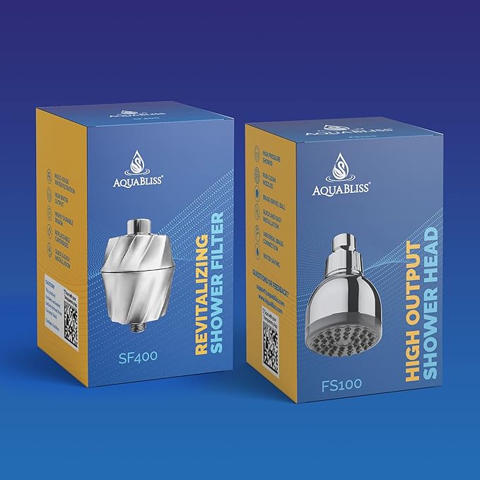 AquaBliss SF400 HD Revitalizing Shower Filter - Latest High Output Filtration. 2x Vitamin C, Minerals for Luscious Hair, Skin & Nails + the TurboSpa 3 Inch High Pressure Shower Head (Exclusive Bundle)