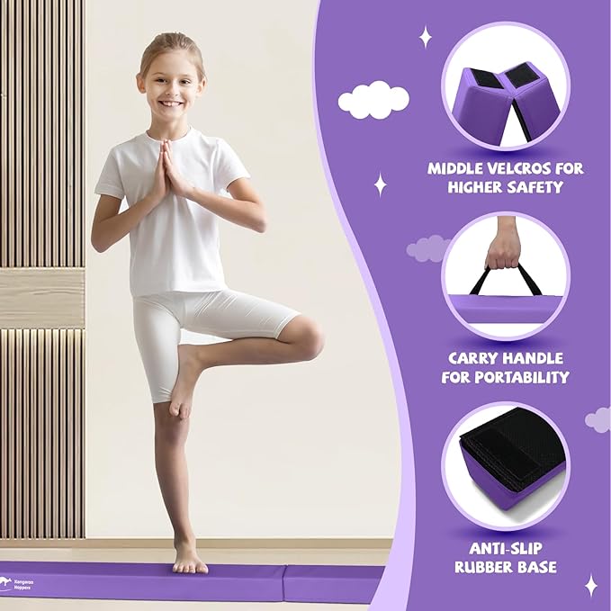 Kangaroo Hoppers Folding & Adjustable Balance Gymnastics Beam for Kids Ages 3-12, Extra Firm Floor Beam for Beginners and Professionals Home Training Equipment with Anti-Slip Foot, 8FT / 40 Inch