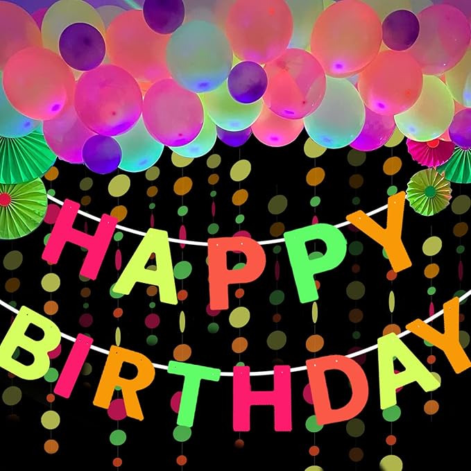UV Neon Happy Birthday Banner Glow in the Dark Glow Party Supplies Decorations Glow in the Dark Blacklight Reactive Fluorescent Neon Party Supplies Birthday Black Light Party (Happy Birthday Banner)