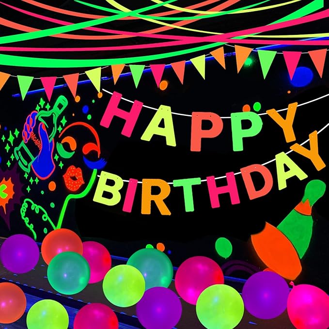 UV Neon Happy Birthday Banner Glow in the Dark Glow Party Supplies Decorations Glow in the Dark Blacklight Reactive Fluorescent Neon Party Supplies Birthday Black Light Party (Happy Birthday Banner)