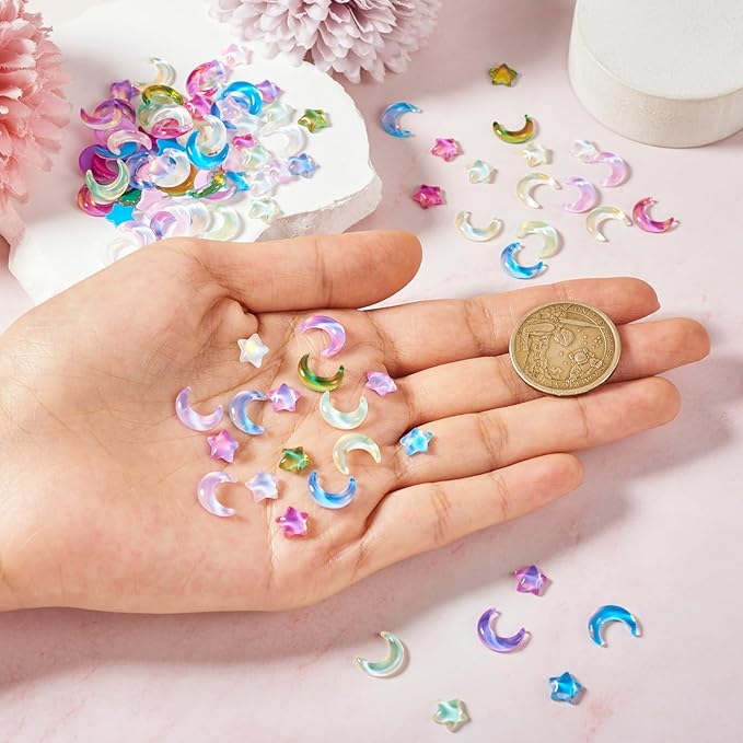 160Pcs Moon Star Nail Charms Crystals Star Moon Nail Gems Crescent Moon Glass Flatback Cabochons Nail Rhinestones 3D Nail Art Jewelry for Manicure Phone Case Mirror Decoration