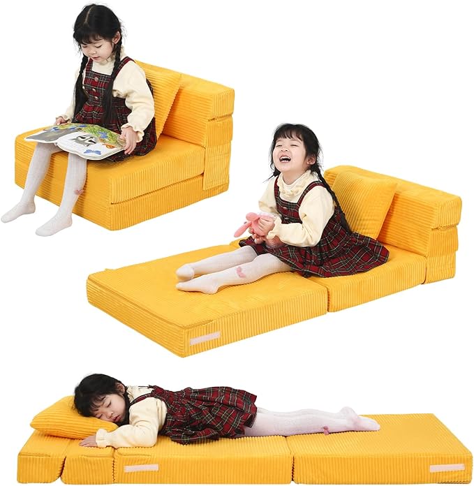 MeMoreCool Folding Sofa for Kids, Corduroy Fold Out Futon Chair, Small Foldable Floor Mattress, Portable Children Couch Sofa, Yellow