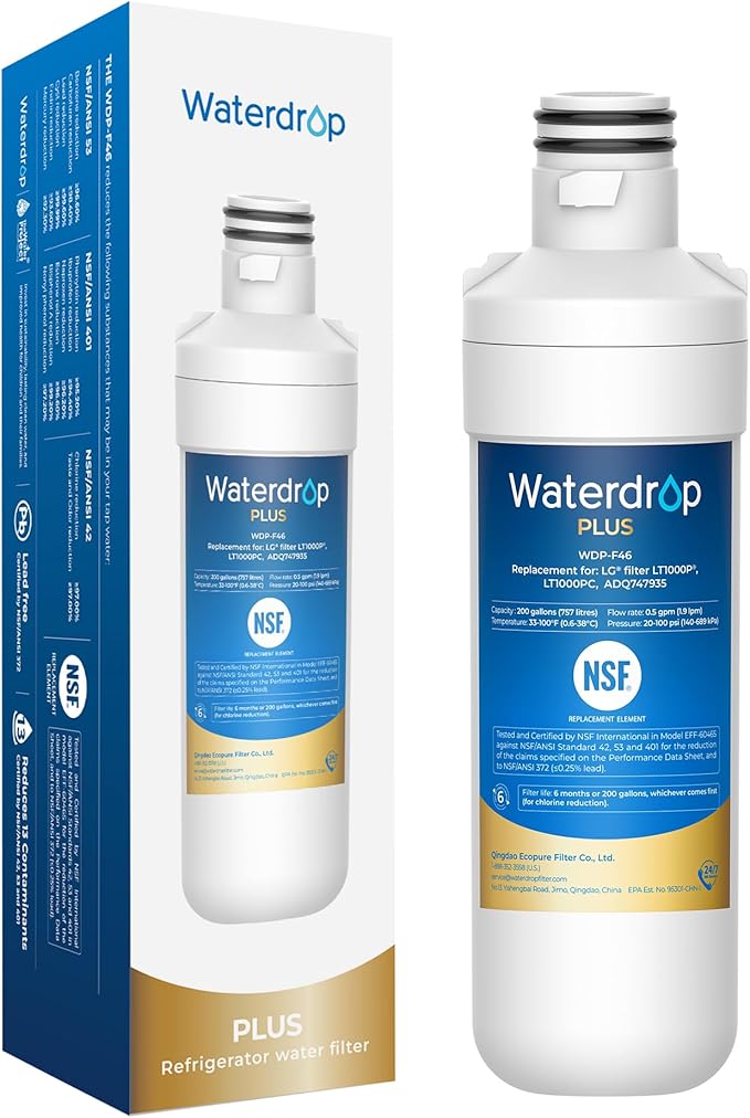 Waterdrop Plus ADQ747935 MDJ64844601 Refrigerator Water Filter, Reduce PFAS, Replacement for LG® LT1000P®, LT1000PC, ADQ747935, ADQ74793501, Kenmore 46-9980, LFXC24796S, LSFXC2496D (Package May Vary)