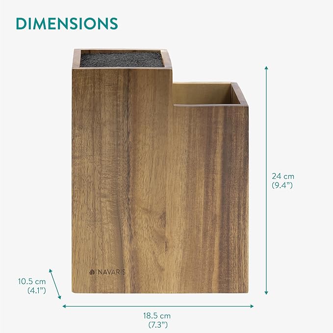 Navaris Knife Block & Utensil Organiser - Durable Acacia Wood Knife Holder without Knives - Removable & Washable Plastic Bristle for Random Sized Knives - Kitchen Storage Stand