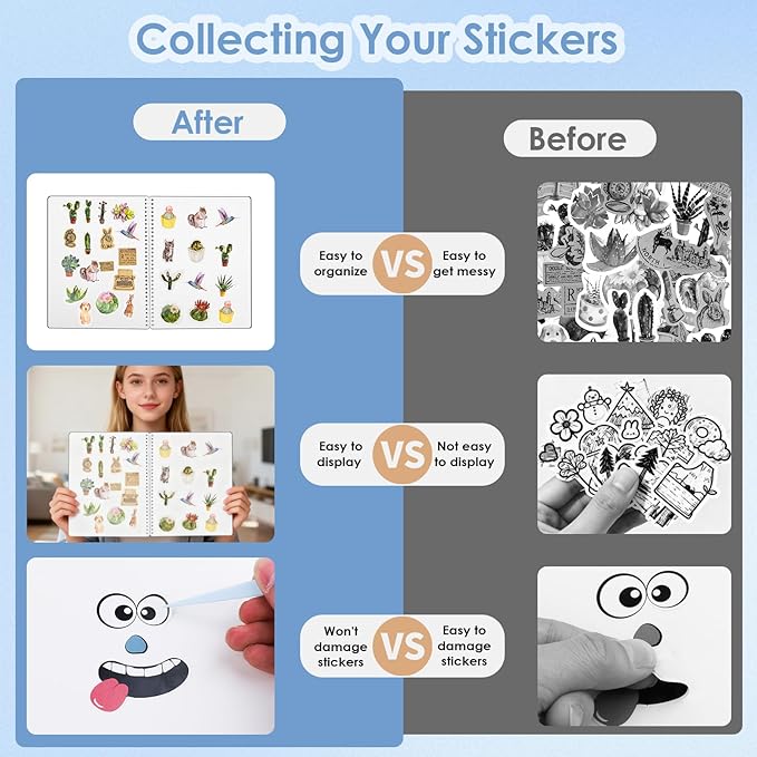UFU Large Reusable Sticker Book Collecting Album, 8.5×11 Inch Sticker Storage Collection Organizer Book with 40 Sheets Blank Release Paper, Letter & Gem Cover Stickers and Tools