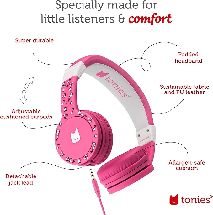 Tonies Foldable Wired Headphones for Kids - Comfortably Designed to fit On-Ear - Works with Toniebox 1 and All 3.5mm Devices - Pink