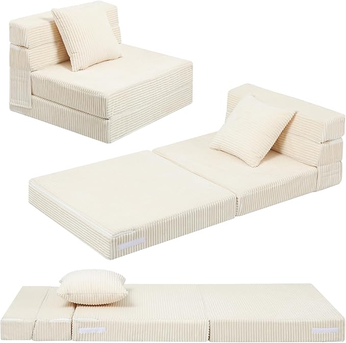 MeMoreCool Folding Sofa for Kids, Corduroy Fold Out Futon Chair, Small Foldable Floor Mattress, Portable Children Couch Sofa, Beige