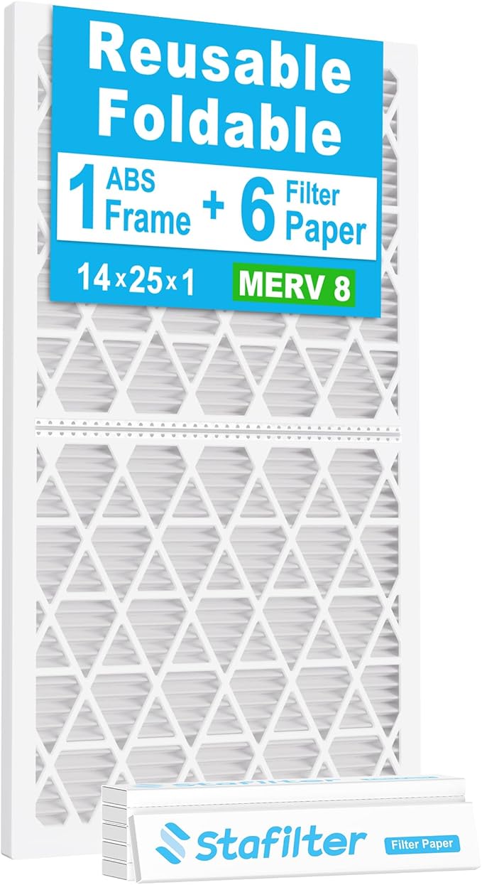 14x25x1 Air Filter MERV 8, 1 Foldable Frame + 6 Refills for Home AC Furnace & HVAC (Actual Size: 13.75"x24.75"x0.75") DUST, Pet, & Allergy