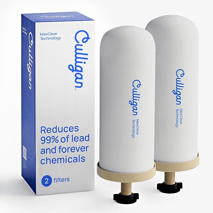 Culligan MaxClear 7” Gravity Water Filter Replacement Compatible with ProOne & Berkey Water Filter Systems, Ceramic & Carbon Filter NSF/ANSI Certified, Reduce Total PFAS, Microplastics & Lead, 2-Pack