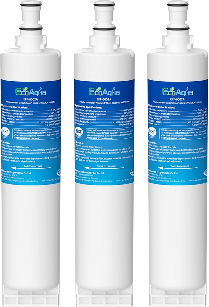 EcoAqua 4396508 Refrigerator Water Filter, Replacement for Everydrop® Filter 5, EDR5RXD1, Whirlpool® WF-NLC240V, 4396510, NLC240V, PNL240V, 4396508p, 4396547, 4392857, LC400V, 3-Pack