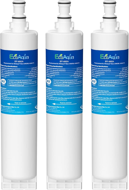 EcoAqua 4396508 Refrigerator Water Filter, Replacement for Everydrop® Filter 5, EDR5RXD1, Whirlpool® WF-NLC240V, 4396510, NLC240V, PNL240V, 4396508p, 4396547, 4392857, LC400V, 3-Pack