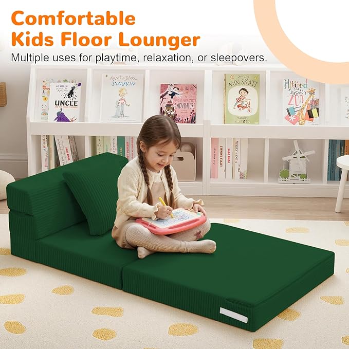 MeMoreCool Folding Sofa for Kids, Corduroy Fold Out Futon Chair, Small Foldable Floor Mattress, Portable Children Couch Sofa, Green