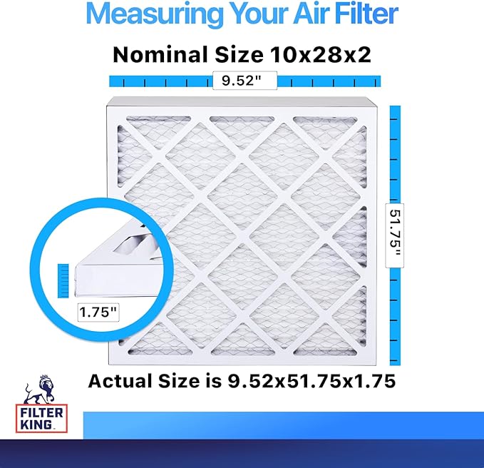 Filter King 10x28x2 Air Filter (MERV 8) (12-Pack) Dust & Allergy Control AC Furnace Filters, MADE IN USA, HVAC, Pleated, Electrostatic (Actual Size: 9.5x27.5x1.75)