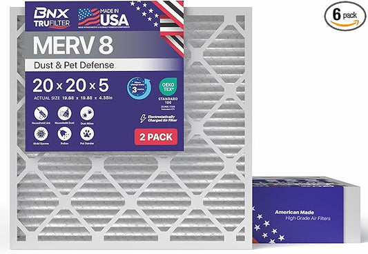 BNX TruFilter 20x20x5 (19.88’’ x 19.88’’ x 4.38‘’ Honeywell Compatible 4”) MERV 8 Air Filter (2-Pack) - MADE IN USA - HVAC AC Furnace Filters Dust, Pet, Mold, Pollen MPR 600 FPR 5