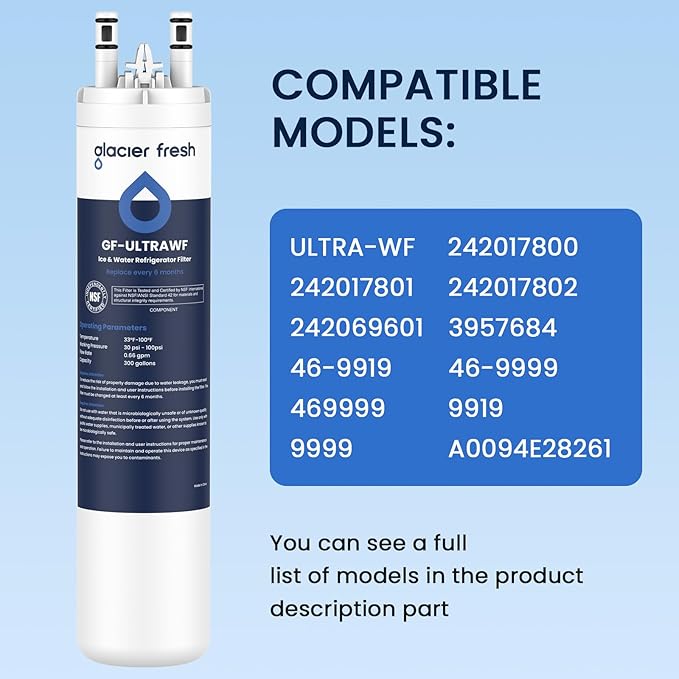 GLACIER FRESH Replacement for Frigidaire ULTRAWF,Pure Source Ultra, Kenmore 9999, 469999, 46-9999, A0094E28261 Refrigerator Water Filter,Pack of 2