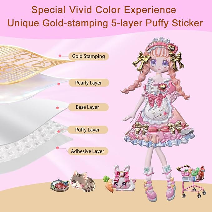 Princess Dress up Sticker Book,Reusable 3D Puffy (3Packs,6 Sheets,360+pieces)with Pearl Gold Color,Pet, Kitchen Baking&Shopping,for Craft Activity Book,Birthday Gift& Busy Book on Road Trip/Air Travel