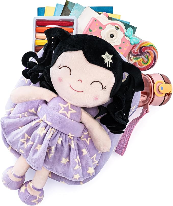 Gloveleya Toddler Backpacks Baby Girl Gifts Curly Hair Plush Figures Dress Backpack Kids Backpack Curly Hair Spring Girl - Black Head Purple Star 9inches