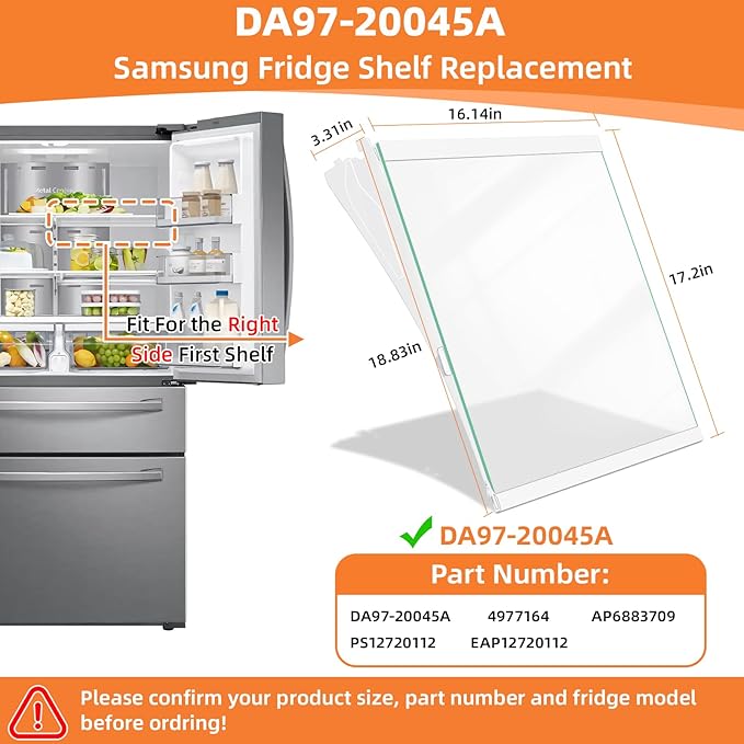 UPGRADED DA97-20045A Refrigerator Shelf Assembly Compatible with Samsung Refrigerator Glass Shelf Replacement Parts Samsung Fridge Shelf Replacement RF28R7201SR RF28R7351SR RF28R7351SG Shelf Top Right