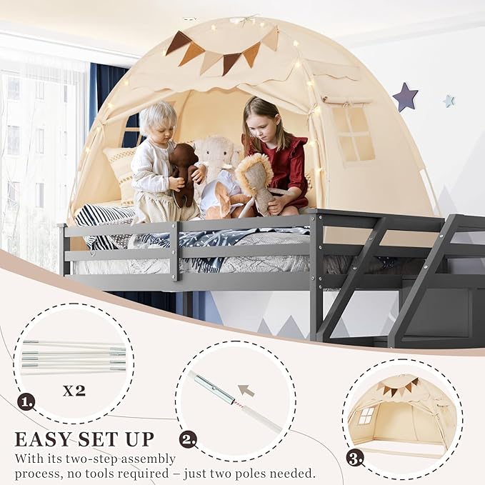 Twin Size Bed Tent Canopy, Kids Play Tent with Flags & Star Lights, Canopy on Bed Privacy Space Sleeping Blackout Tents, Indoor Breathable Portable & Foldable, Girls & Boys Gifts, Cream Castle Style
