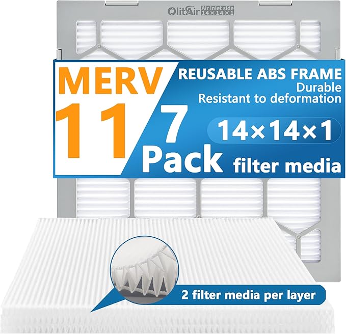 14x14x1 MERV 11 Air Filter,AC Furnace Air Filter,Reusable ABS Plastic Frame, 7 Pack Replaceable Filter Media (Actual Size: 13 3/4" x 13 3/4" x 3/4")