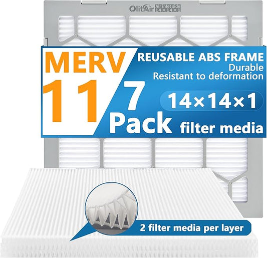 14x14x1 MERV 11 Air Filter,AC Furnace Air Filter,Reusable ABS Plastic Frame, 7 Pack Replaceable Filter Media (Actual Size: 13 3/4" x 13 3/4" x 3/4")