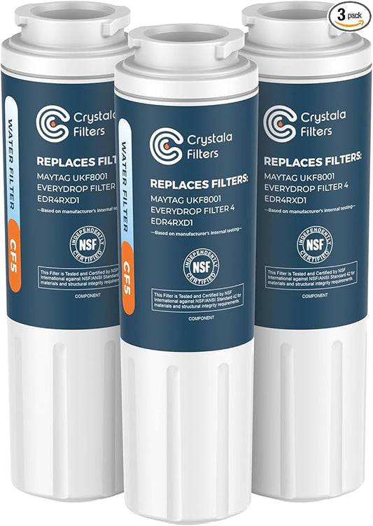 Crystala Filters UKF8001 Compatible with Everydrop Filter 4, EDR4RXD1, Whirlpool Refrigerator Water Filter 4, 4396395, Maytag UKF8001, WHR4RXD1, KAD4RXD1, 46-9006, Puriclean II, PH21500, Pack of 3