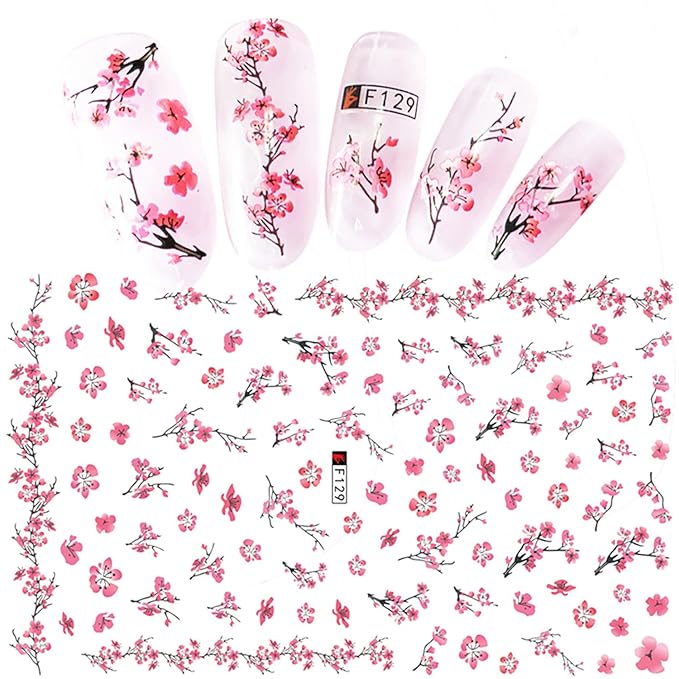 Flowers 3D Nail Decals Art Design - Holographic Peach Plum Blossom Lotus - Self-Adhesive Sticker Decoration for Women Manicure Tips Acrylic DIY Nails Art Supplies