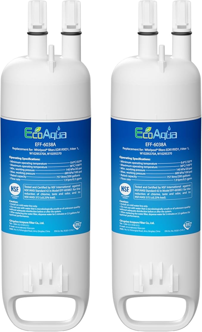 EcoAqua W10295370A Replacement for Everydrop® Filter 1, EDR1RXD1, EDR1RXD1B, WHR1RXD1, KAD1RXD1, P4RFWB, 46-9081, 46-9930 Refrigerator Water Filter, 2 Pack