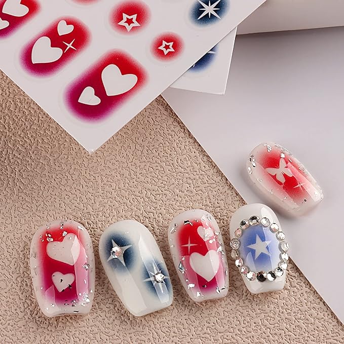 6 Sheets Heart Nail Art Adhesive Sticker 3D Self-Adhesive Nail Decals Art Design Holographic Stars Butterfly Nail Art Sticker Decoration for Women Manicure Tips Acrylic Nails DIY Nails Art Supplies