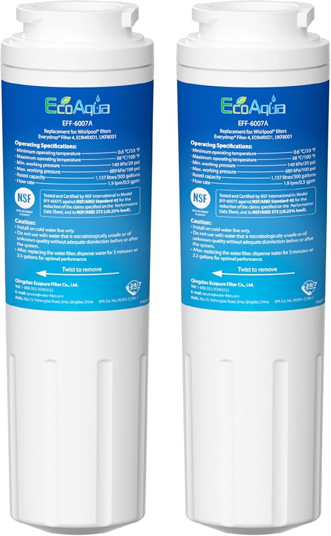 EcoAqua Replacement Filter, Compatible with Maytag UKF8001, EDR4RXD1, Whirlpool 4396395, Puriclean II, Kenmore 46-9006, Everydrop Filter 4, Viking RWFFR Refrigerator Water Filter, 2 Pack