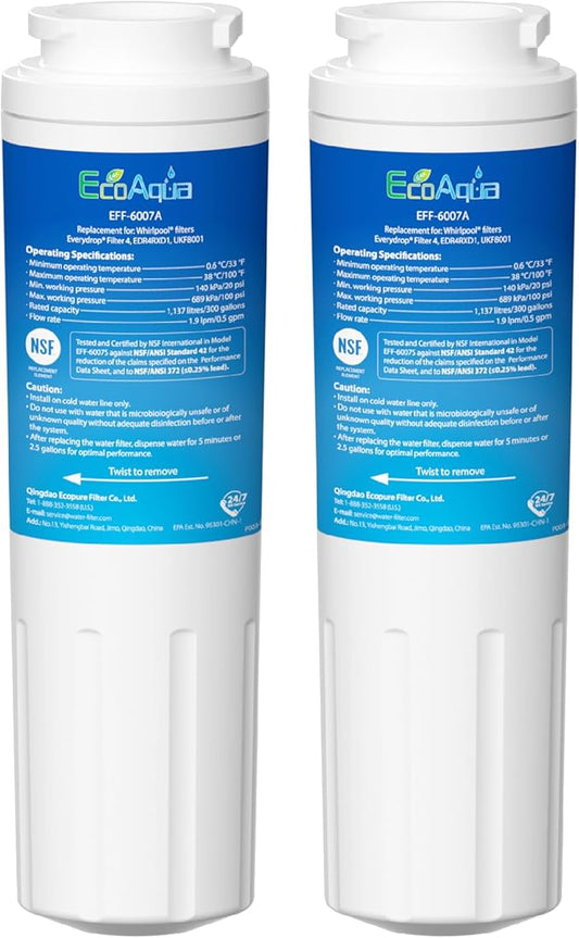 EcoAqua Replacement Filter, Compatible with Maytag UKF8001, EDR4RXD1, Whirlpool 4396395, Puriclean II, Kenmore 46-9006, Everydrop Filter 4, Viking RWFFR Refrigerator Water Filter, 2 Pack