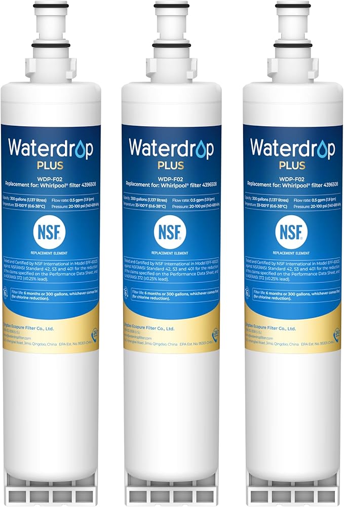 Waterdrop Plus 4396508 Refrigerator Water Filter, Replacement for Whirlpool® 4396510, EveryDrop® Filter 5, NSF/ANSI 401&53&42 Certified, Reduce RFAS, 3 Filters