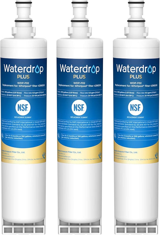 Waterdrop Plus 4396508 Refrigerator Water Filter, Replacement for Whirlpool® 4396510, EveryDrop® Filter 5, NSF/ANSI 401&53&42 Certified, Reduce RFAS, 3 Filters