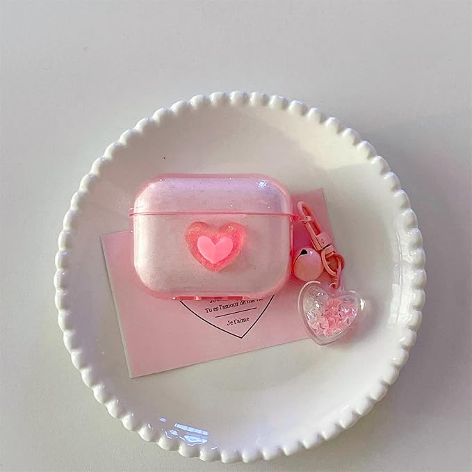 Pink Transparent Glitter with 3D Raised Heart Silicone Case for AirPods Pro 3 (2025) - Cute Shockproof Cover with Detachable Long Neck Lanyard, Travel Keychain, MagSafe Compatible,for Women