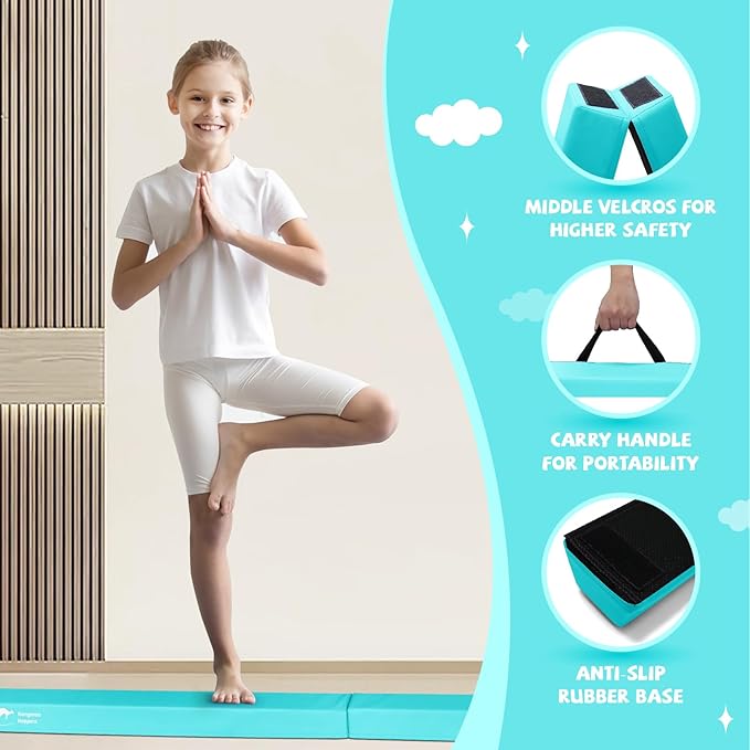 Kangaroo Hoppers Folding & Adjustable Balance Gymnastics Beam for Kids Ages 3-12, Extra Firm Floor Beam for Beginners and Professionals Home Training Equipment with Anti-Slip Foot, 8FT / 40 Inch