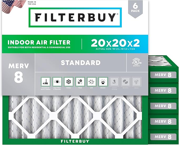 Filterbuy 20x20x2 Air Filter MERV 8 Essential Dust & Allergy Defense (6-Pack), Electrostatic Pleated HVAC AC Furnace Filters Replacement (Actual Size: 19.50 x 19.50 x 1.75)