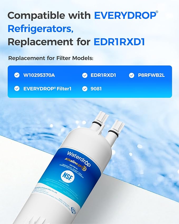 Waterdrop Alkaline W10295370A Replacement for Everydrop® Filter 1, EDR1RXD1, EDR1RXD1B, P8RFWB2L, P4RFWB, Kenmore® 46-9081, 46-9930, WD-F38, Enhances pH Refrigerator Water Filter