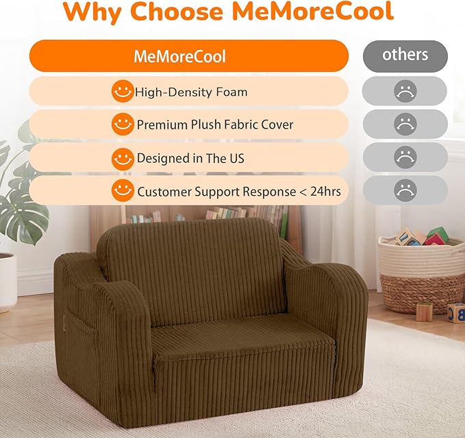 MeMoreCool Toddler Couch, 2-in-1 Corduroy Kids Couch Fold Out to Lounger, Comfy Toddler Chair for 1-3 Year Old, Soft Foam Kids Sofa with Washable Cover for Playroom and Bedroom, Brown