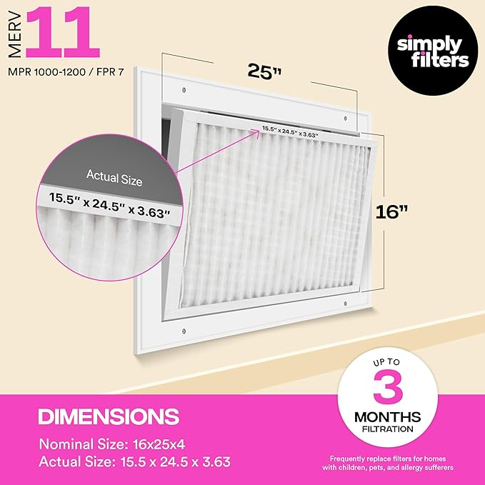 Simply 16x25x4 Air Filter MERV 11, MPR 1000, 4 Pack, For Home AC Furnace & HVAC (Actual Size: 15.75"x24.75"x3.75") DUST Pet & Allergy Control