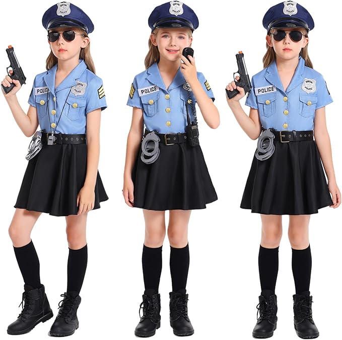 Kids Police Officer Costume Girls Cop Cosplay Outfits Uniform Halloween Costumes with 9 Pcs Accessories