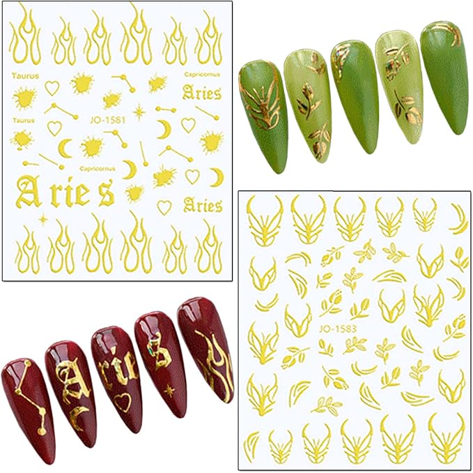 Gold Nail Art Stickers, 3D Self-Adhesive Decals - Wave Line Chains Flame Stars Flowers Leaf Sticker for Women Manicure Charms Decorations DIY Glitter Transfer Tips