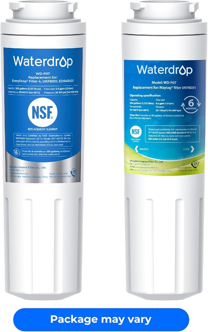 Waterdrop EDR4RXD1 Replacement for EveryDrop® Filter 4, Whirlpool® UKF8001, 4396395, Maytag® UKF8001AXX-200, UKF8001AXX-750, WD-F07, Refrigerator Water Filter, 3 Filters
