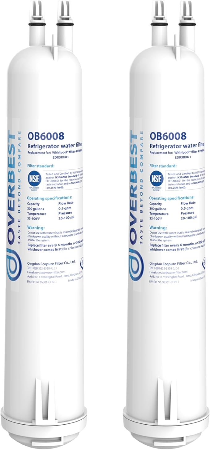 Overbest OB6008 Refrigerator Water Filter Replacement for 4396841, Everydrop® Filter 3, EDR3RXD1, 4396710, 46-9083, 46-9030, Pack of 2