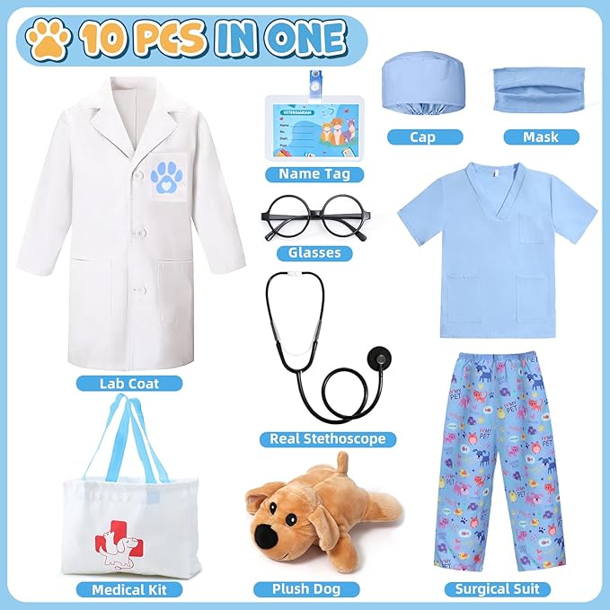G.C Kids Veterinarian Costume Toddler Doctor Kit Scrubs Doctor Vet Costume Play Set Boys Girls Halloween Dress Up Career Day
