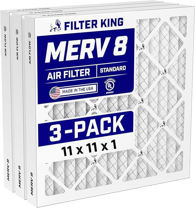 Filter King 11x11x1 Air Filter (MERV 8) (3-Pack) Dust & Allergy Control AC Furnace Filters, MADE IN USA, HVAC, Pleated, Electrostatic (Actual Size: 10.5 x 10.5 x .75)