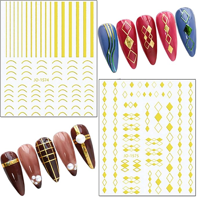 Gold Nail Art Stickers, 3D Self-Adhesive Decals - Wave Line Chains Flame Stars Flowers Leaf Sticker for Women Manicure Charms Decorations DIY Glitter Transfer Tips